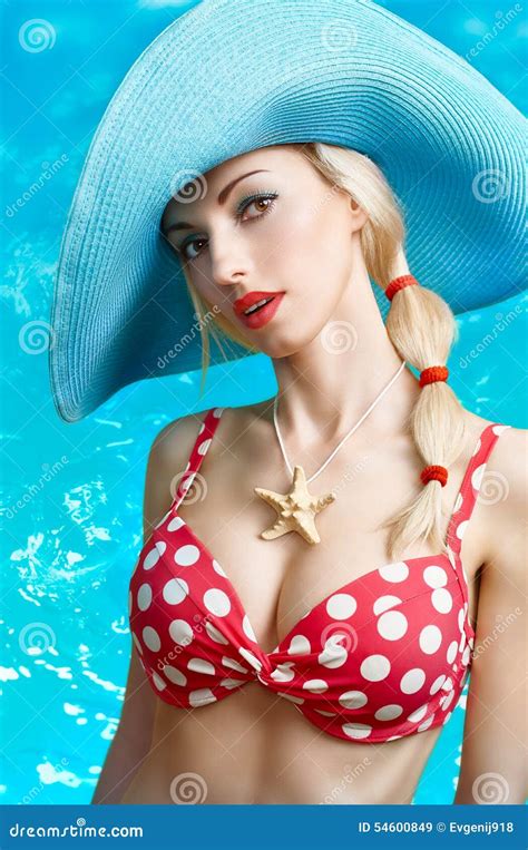 Beautiful Woman In Red Polka Dots Fashionable Swimsuit Pinup Stock