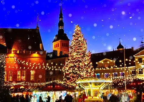 Beautiful Christmas Marketplace In Tallinn Old Town Square Panorama