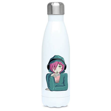 Anime Girl Drinking Boba Insulated Drink Bottle By Flaming Imp