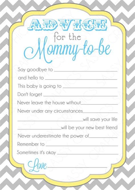 This free printable baby shower game is cute and will match any free printable baby shower games | download these fun baby shower games from hallmark artist amber goodvin: Blue Advice Card Chevron Yellow Gray Boy Baby Shower ...