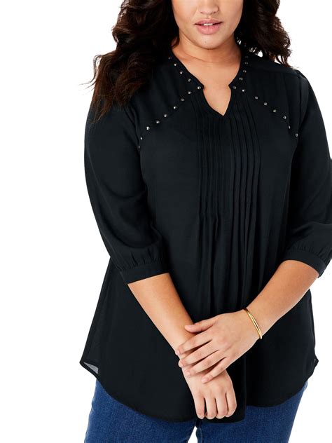 Woman Within Woman Within Black Studded Pintuck Blouse Plus Size