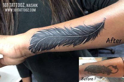 Before And After Photos Of A Feather Tattoo On Someone S Arm Showing The Result Of Being Inked