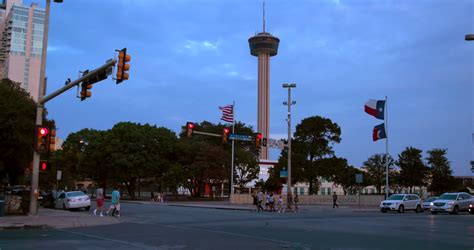 4k San Antonio Gimbal Shot Tower Of The Americas Jib Down City Wide Shot Texas Flag Traffic
