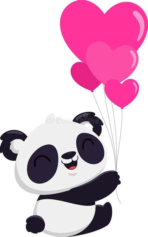 Cute Valentine Panda Bear Cartoon Character Holding Hearts Balloons