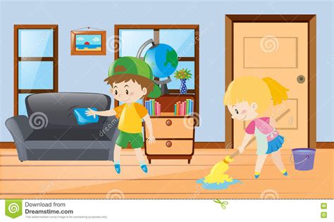 Boy And Girl Cleaning The House Stock Illustration