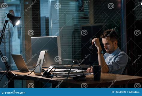 Hardworking Man Alone In Evening Office Stock Image Image Of Overtime