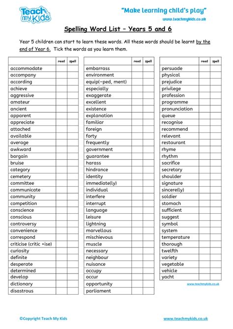 Spelling Word List Year 5 Tmk Education Worksheet Ideas