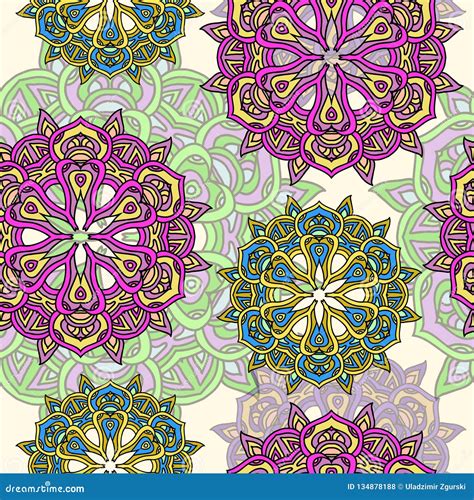 Seamless Pattern With Multicolor Doodle Mandalas Vintage Decorative