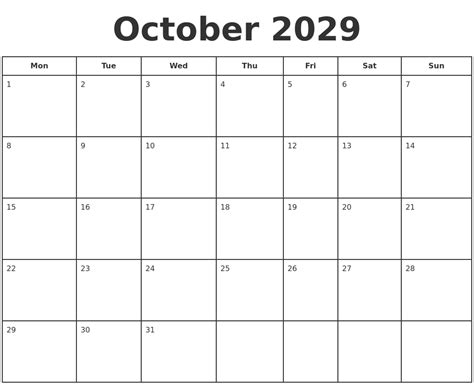 October 2029 Print A Calendar