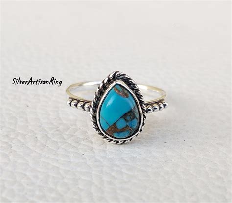 Blue Copper Turquoise Ring Gemstone Ring Sterling Silver Etsy Uk