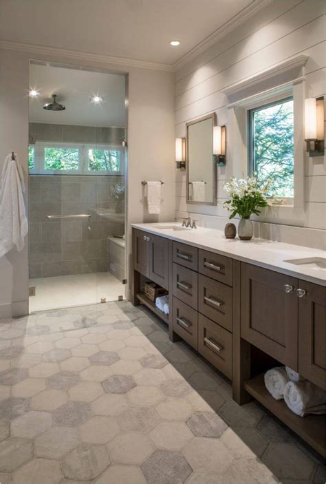 Transitional Master Bathroom Brown Double Vanities Towel Storage Whites