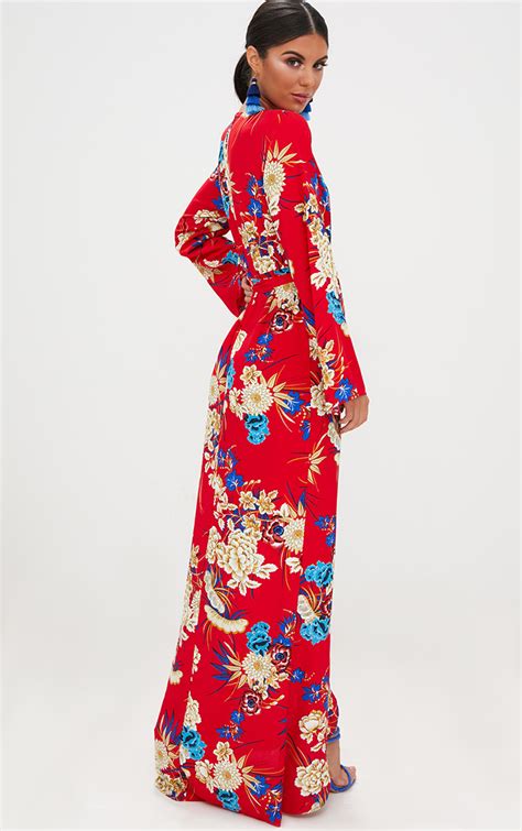 Red Floral Print Kimono Maxi Dress Prettylittlething Usa