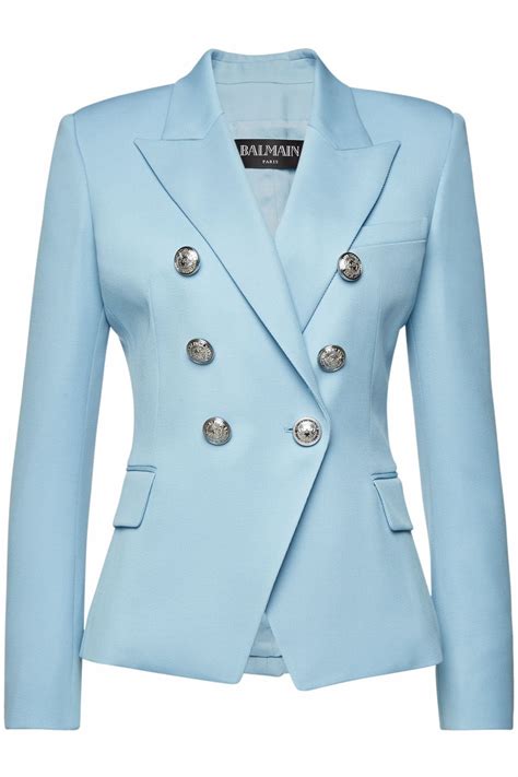 In Sky Blue With A Wide Notched Collar This Wool Blazer Is An Elegant