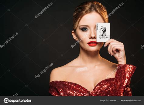 Attractive Girl Red Shiny Dress Covering Eye Joker Card Isolated Stock