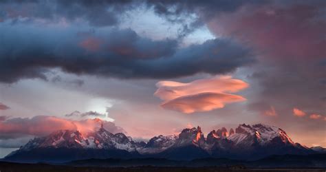 Lenticular Clouds At Sunrise Torres Del Paine Chile Mountain