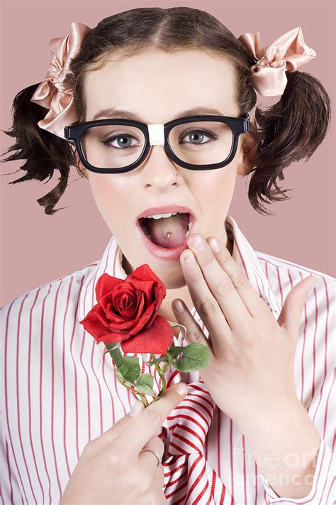 Shocked Romantic Nerdy Girl Holding Red Rose Photograph By Jorgo