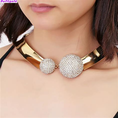 New Big Stainless Steel Torques Necklace Gold Rhinestone Statement