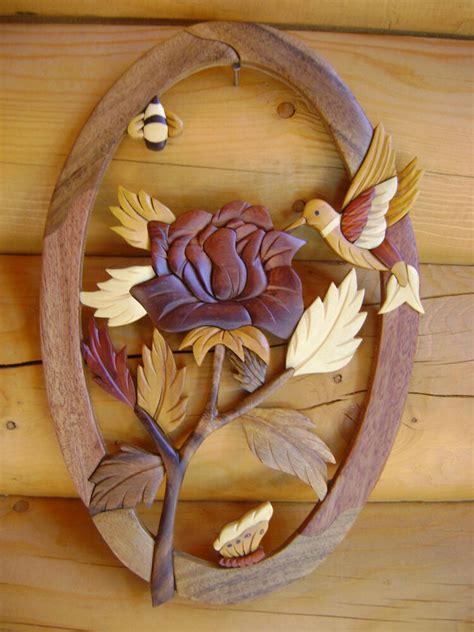 Rose Bee Hummingbird Intarsia Wood Art Wood Decor