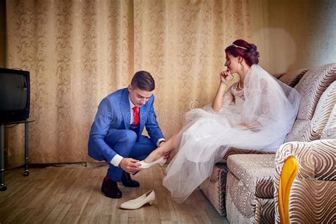 Russian Bride And Groom In The Room At Home In Ordinary Interior Of Russia Stock Image Image