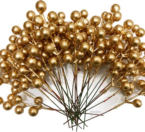 30 Pieces Artificial Holly Berries Stems Gold Berry Picks Fake Christmas Berries Diy Craft Decor