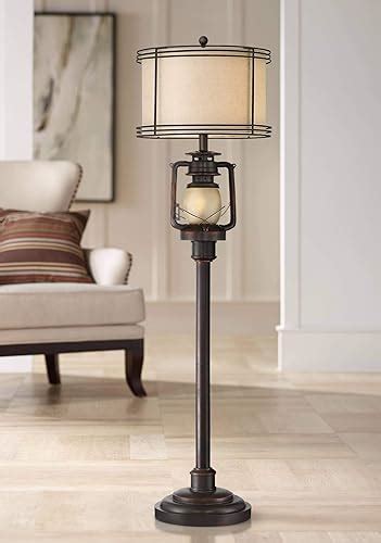 Henson Rustic Industrial Farmhouse Standing Floor Lamp With Night Light Glass Tall Bronze
