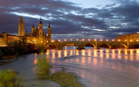 Zaragoza Night Bridge Over The River Ebro Basilica Of Our Lady Desktop