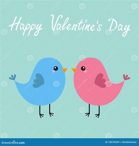 Pink And Blue Bird Couple Happy Valentines Day Love Greeting Card Cute Cartoon Kawaii