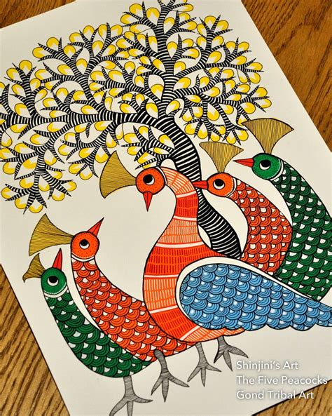The Five Peacocks Gond Indian Tribal Art Size A Black Ink And Water Colours To Order Or