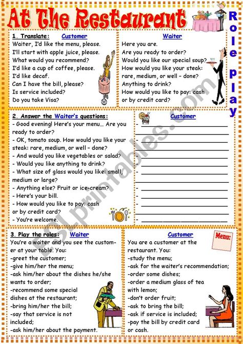 At The Restaurant Role Play Esl Worksheet By Tmk939