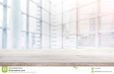Wood Table Top On Blur White Glass Window Background Form Office Stock