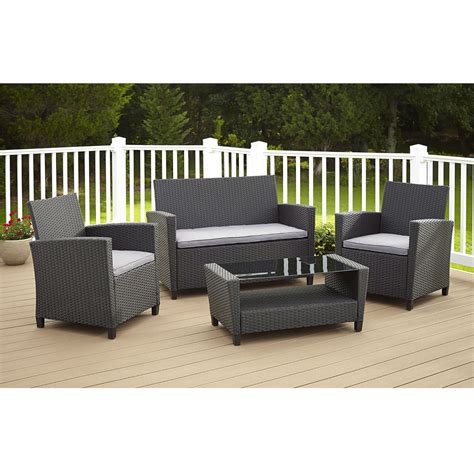 4 Piece Outdoor Patio Furniture Set In Grey Resin Wicker And Cushions