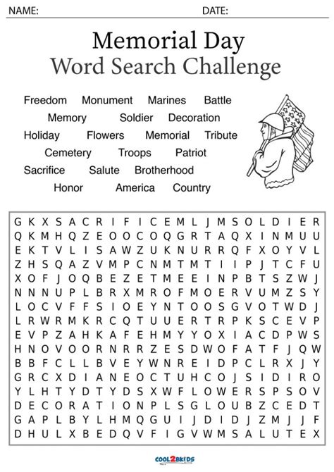 Printable Memorial Day Word Search Cool2bkids