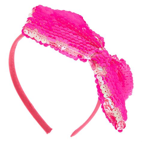 Reversible Sequin Bow Headband Pink Claires Us
