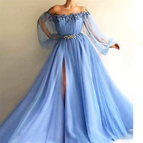 blue long sleeve tulle prom dresses with high split beaded crystal evening dresses on sale