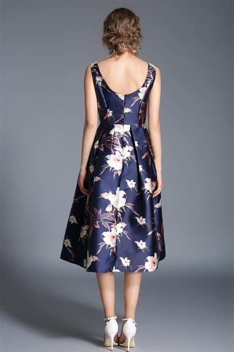 Party A Line Boat Neck Sleeveless Floral A Line Midi Dress Vintage