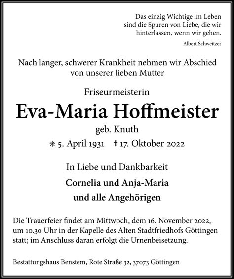 Traueranzeigen Von Eva Maria Hoffmeister Trauer Anzeigende
