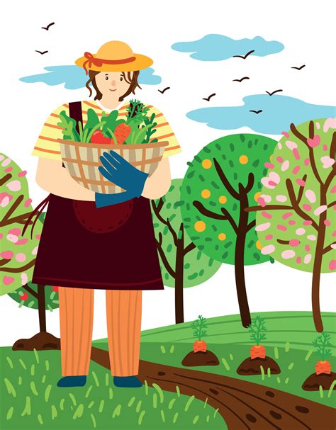 Vector Illustration Of A Farmer Girl Growing Plants And Harvesting