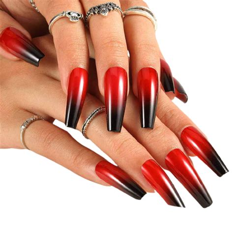 Press On Nails Red And Black Glossy Ombre French Tip Coffin Nail Kit