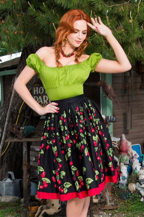 Pinup Girl Clothing Full Skirt Cherry Border Print Pinup Girl