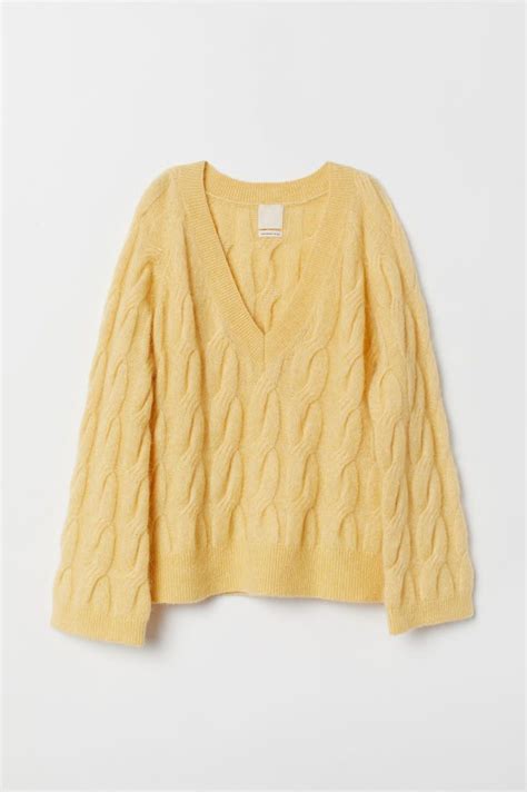 Cable Knit Wool Blend Sweater Light Yellow Ladies Handm Us Wool