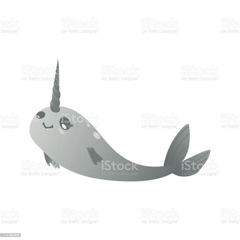 Magical And Dreamy Cartoon Gray Narwhal Cute Sea Unicorn With Gradient