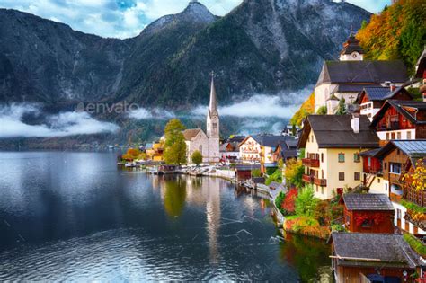 Famous Hallstatt Mountain Village With Hallstatter Lake Foggy Autumn