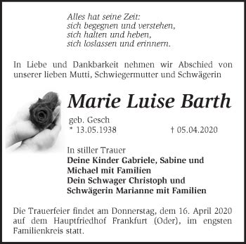 Traueranzeigen Von Marie Luise Barth M Rkische Onlinezeitung Trauerportal