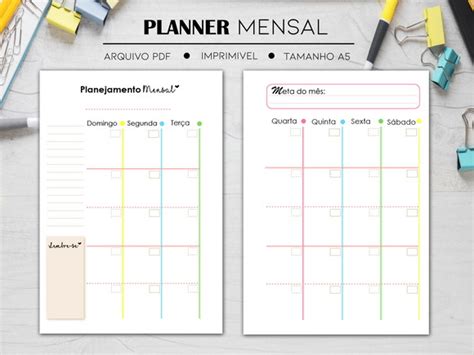 Planner Mensal Folhas Tamanho A5 Arquivo Digital Elo7