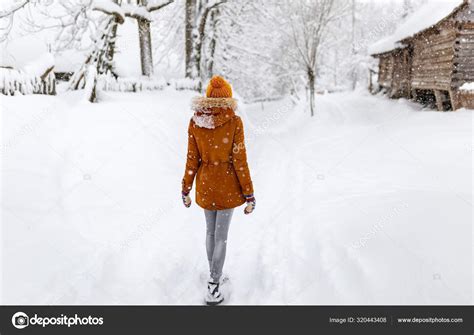 Girl Walk Backs Winter White Village Snow Cold Outside Countryside Blizzard Snowfall Yellow