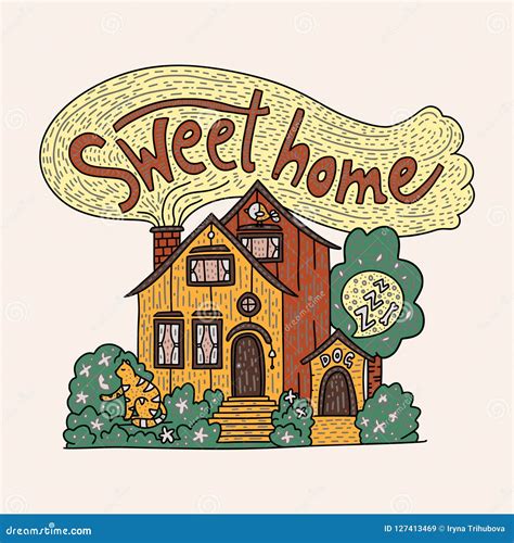 Country Doodle Detailed Cottage With Hand Drawn Lettering Sweet Home