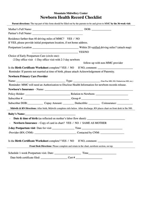 Newborn Health Record Checklist Mountain Midwifery Center Printable