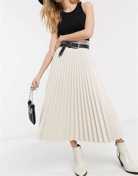 Topshop Faux Leather Pleated Midi Skirt In Cream ASOS Midi Skirt