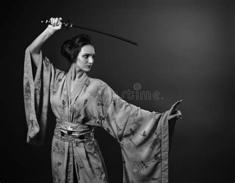 attractive woman in traditional japanese kimono with katana stock image image of decoration