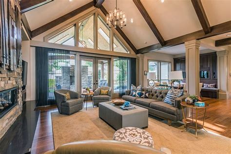 Luxury Living Room With Cathedral Ceiling And Grey Furniture Custom